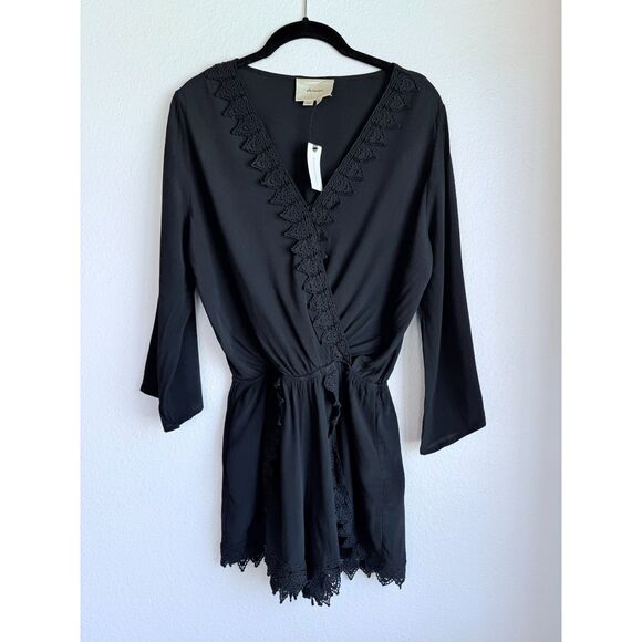 NWT Anthropologie Elevenses Lace-Trimmed Romper 3/4 Sleeves V-Neck in Black Sz M - Picture 5 of 15